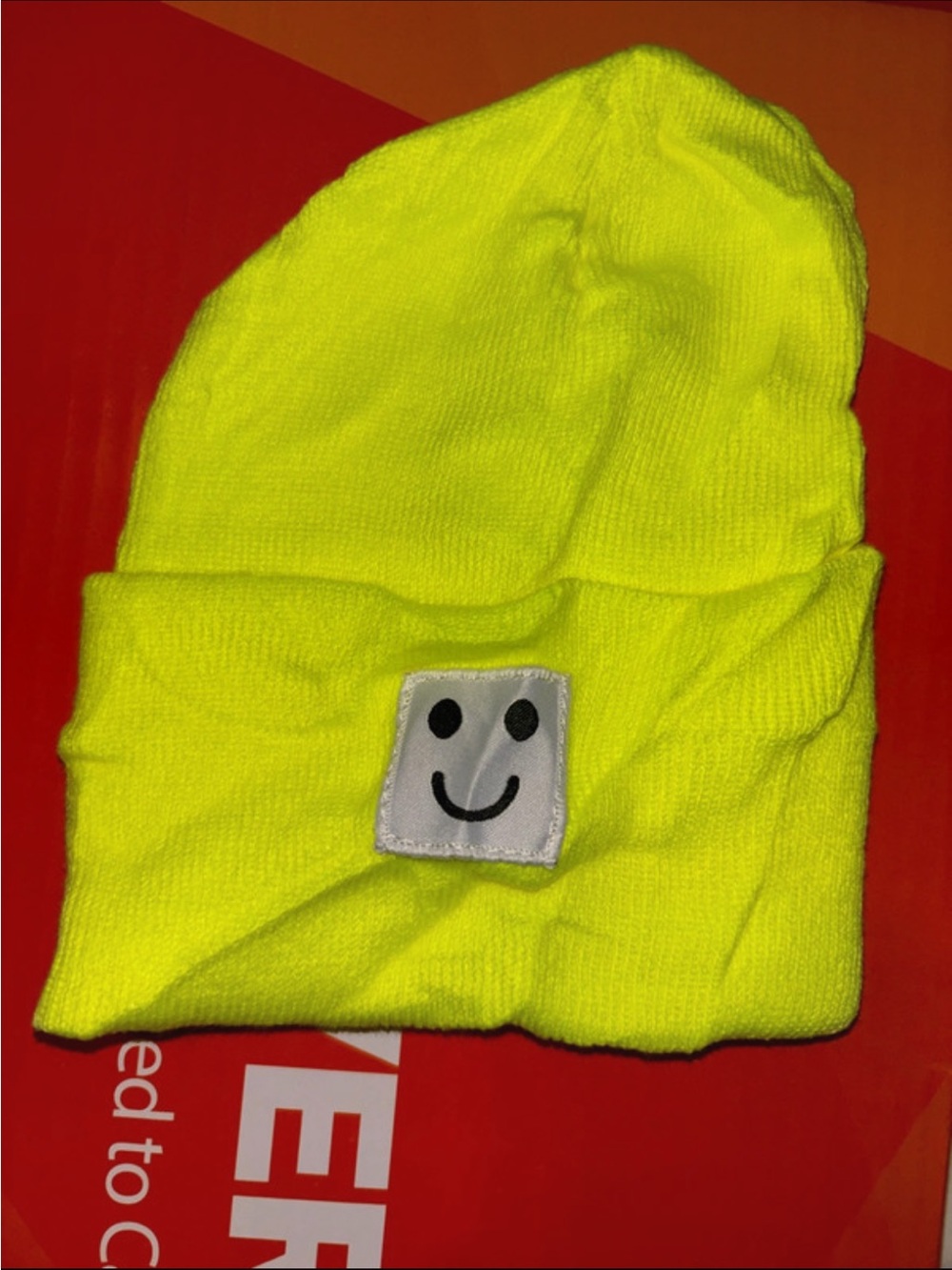 Kids Neon Yellow Smiley Beanie Hat - Unbranded